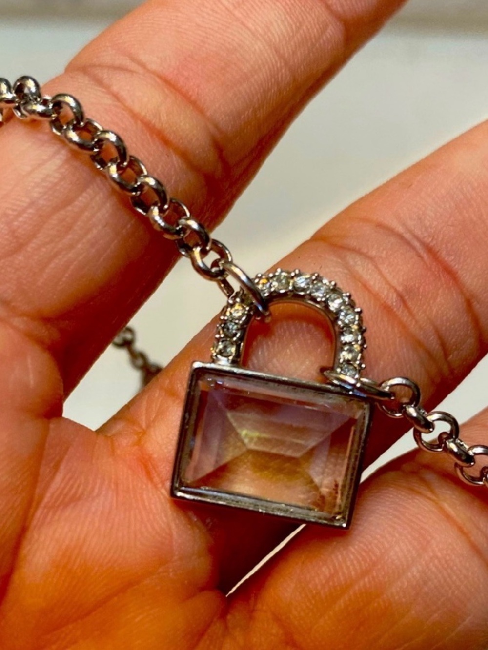 Swarovski Silver-Tone Padlock Necklace with Clear Faceted Crystal